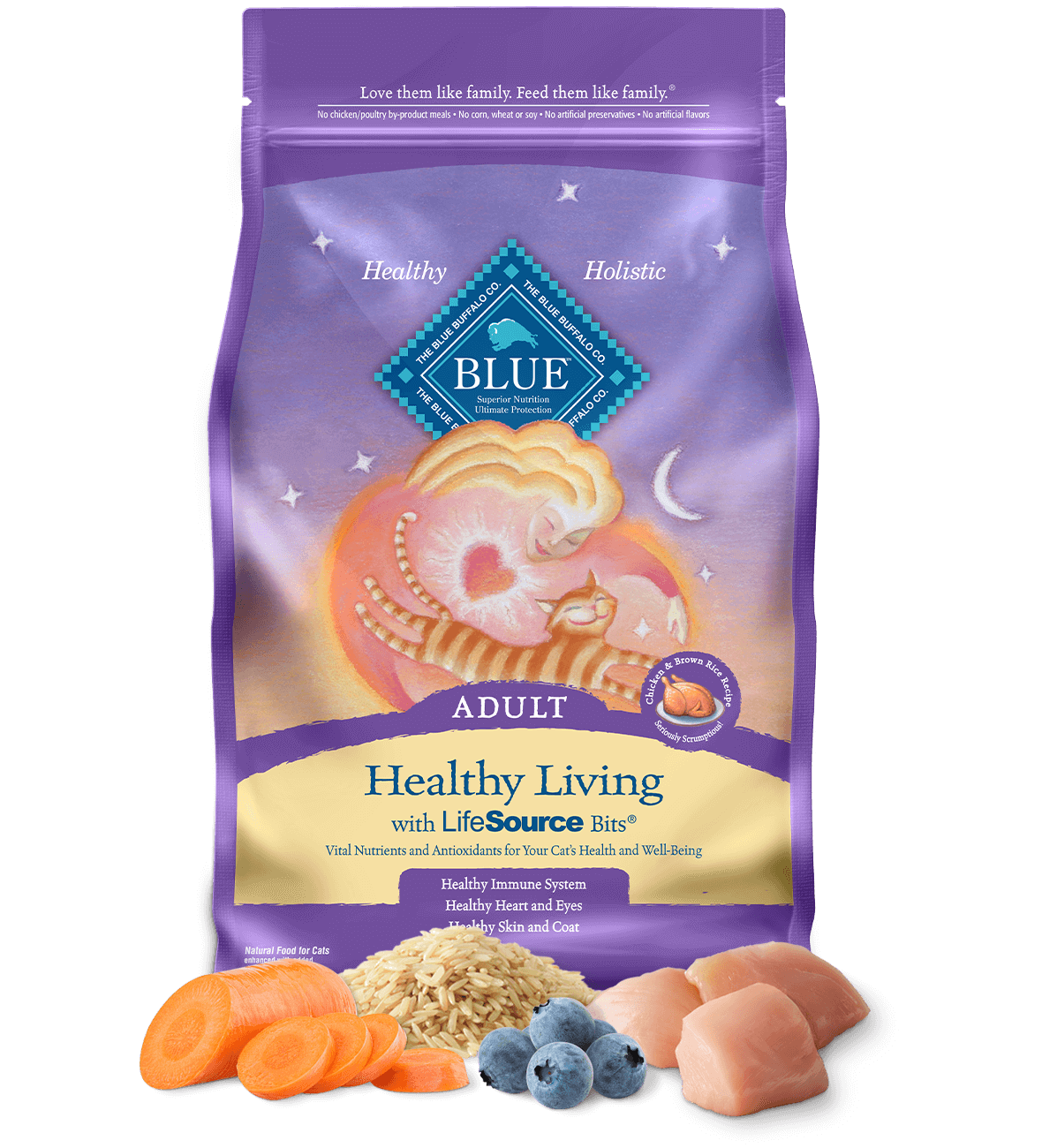 Purple bag of Blue Buffalo Adult Healthy Living cat food on a white background