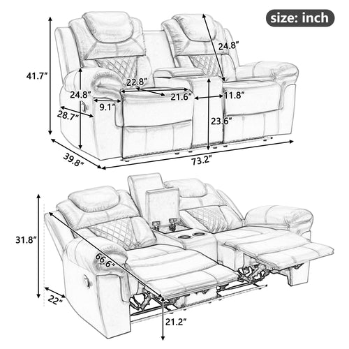 3 Pieces Recliner Sofa Sets Home Theater Seating Manual Recliner Chair & Center Console And LED Light Strip For Living Room - Brown