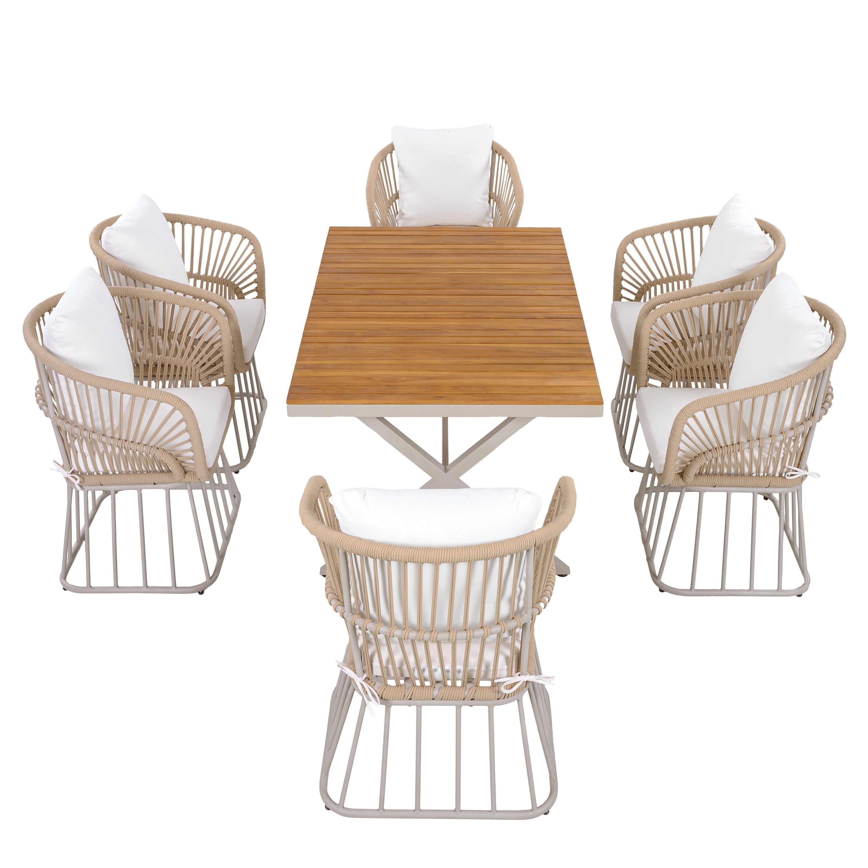 Outdoor 7-Piece Dining Set - Rectangular Teak Wood Table + 6 Wicker Chairs with Cushions