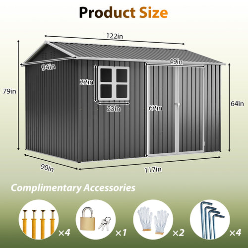 10'x8' Oversized Steel Storage Shed with Window and Lockable Doors