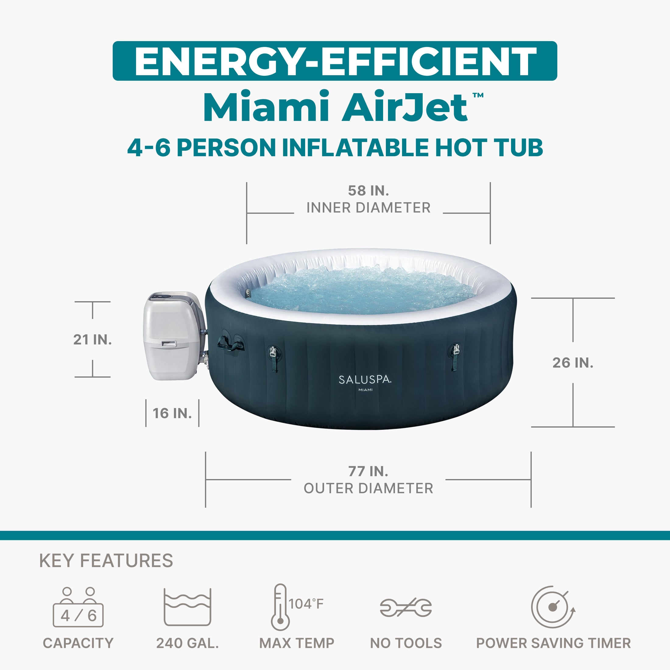 Bestway SaluSpa Miami AirJet 4-6 Person Inflatable Hot Tub w/ EnergySense Cover