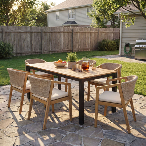 7 Piece Outdoor Dining Set With Table And 6 Chairs - Beige / Brown Mix / Light Teak / Teak