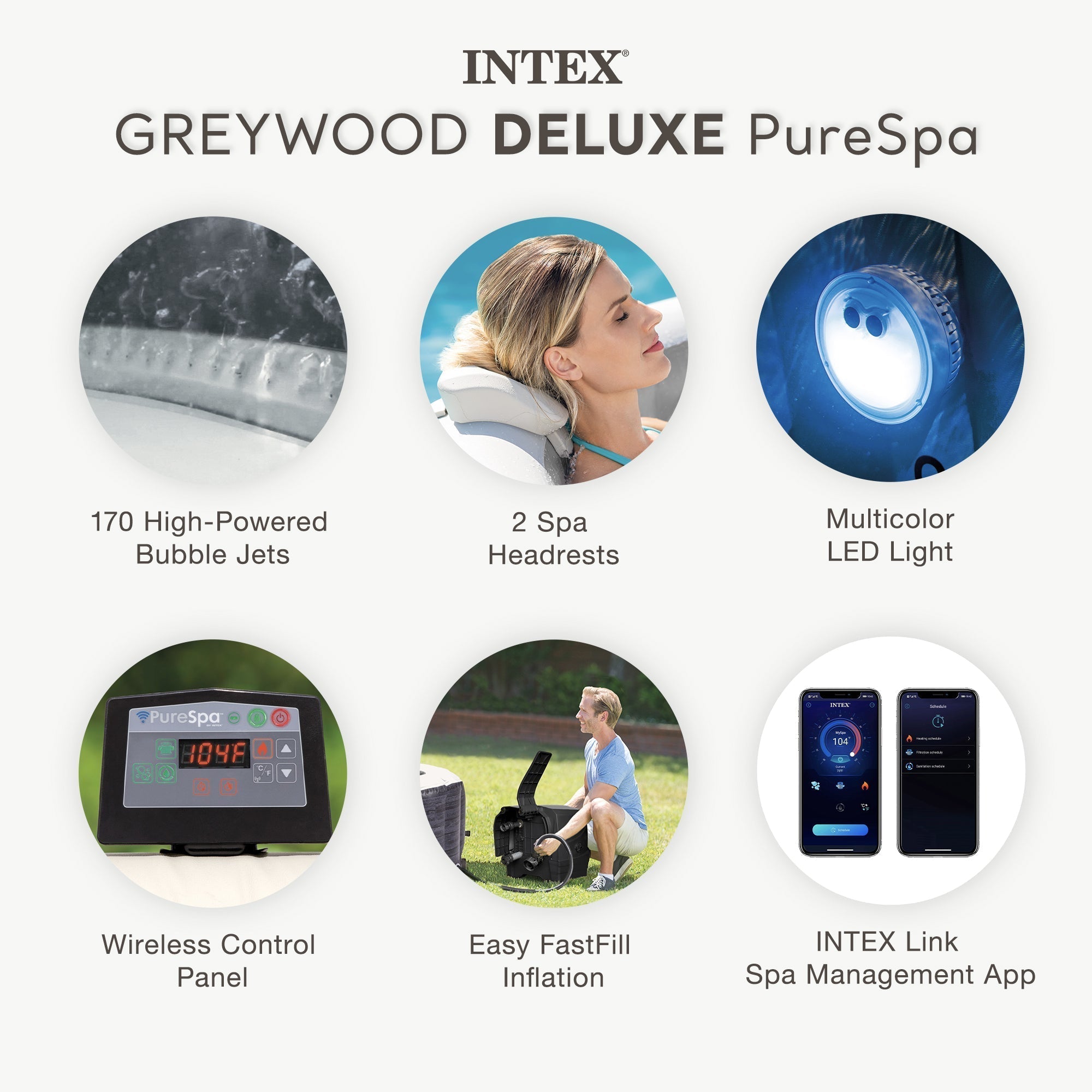 Intex PureSpa Plus Greywood Inflatable Hot Tub Spa with Multi-Colored LED Lights