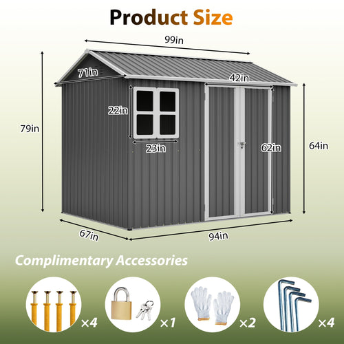 8'x6' Large Steel Storage Shed with Window, Lockable Doors & Sloped Roof