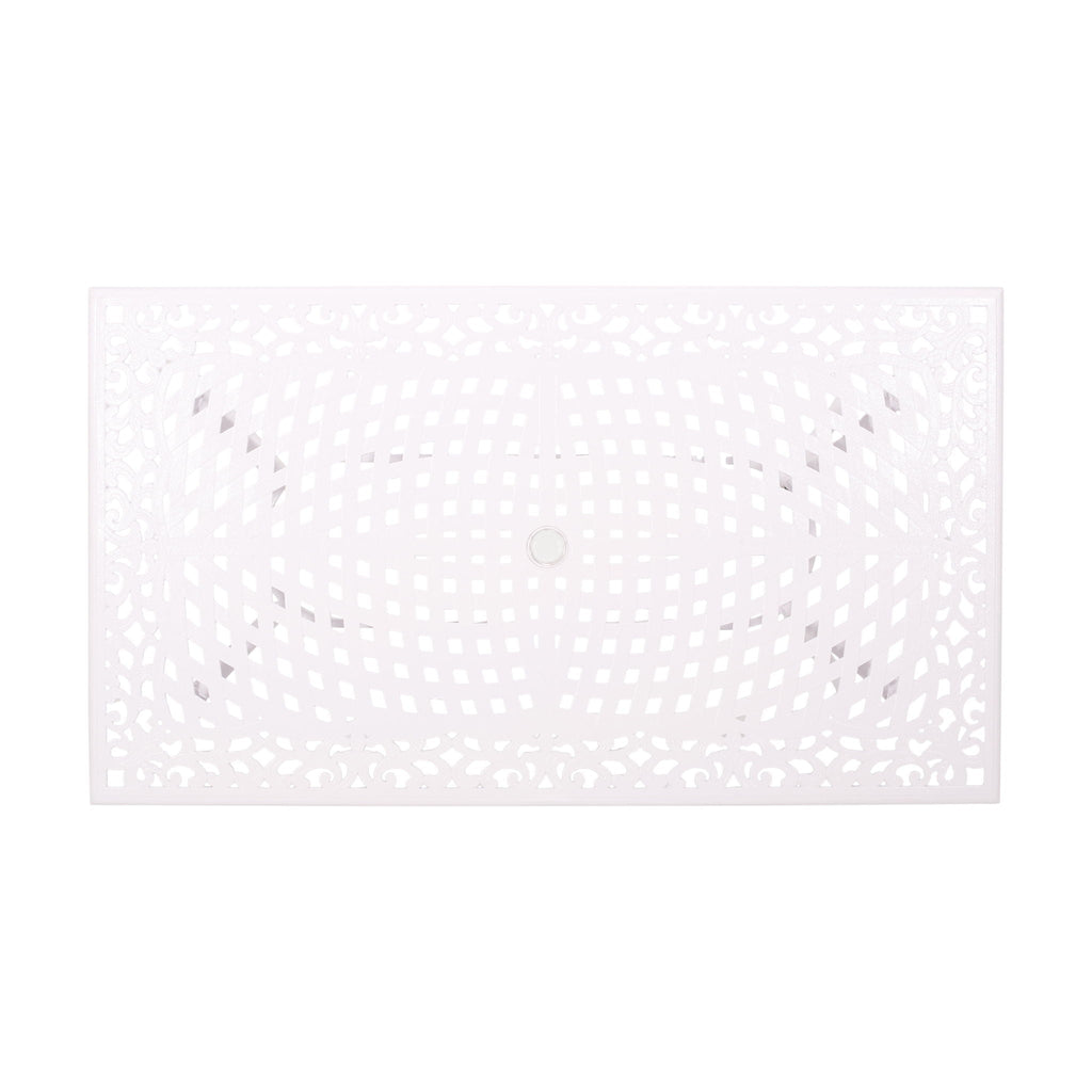 Celestine Outdoor Cast Aluminum Dining Table with Floral Lattice Design and Umbrella Holder