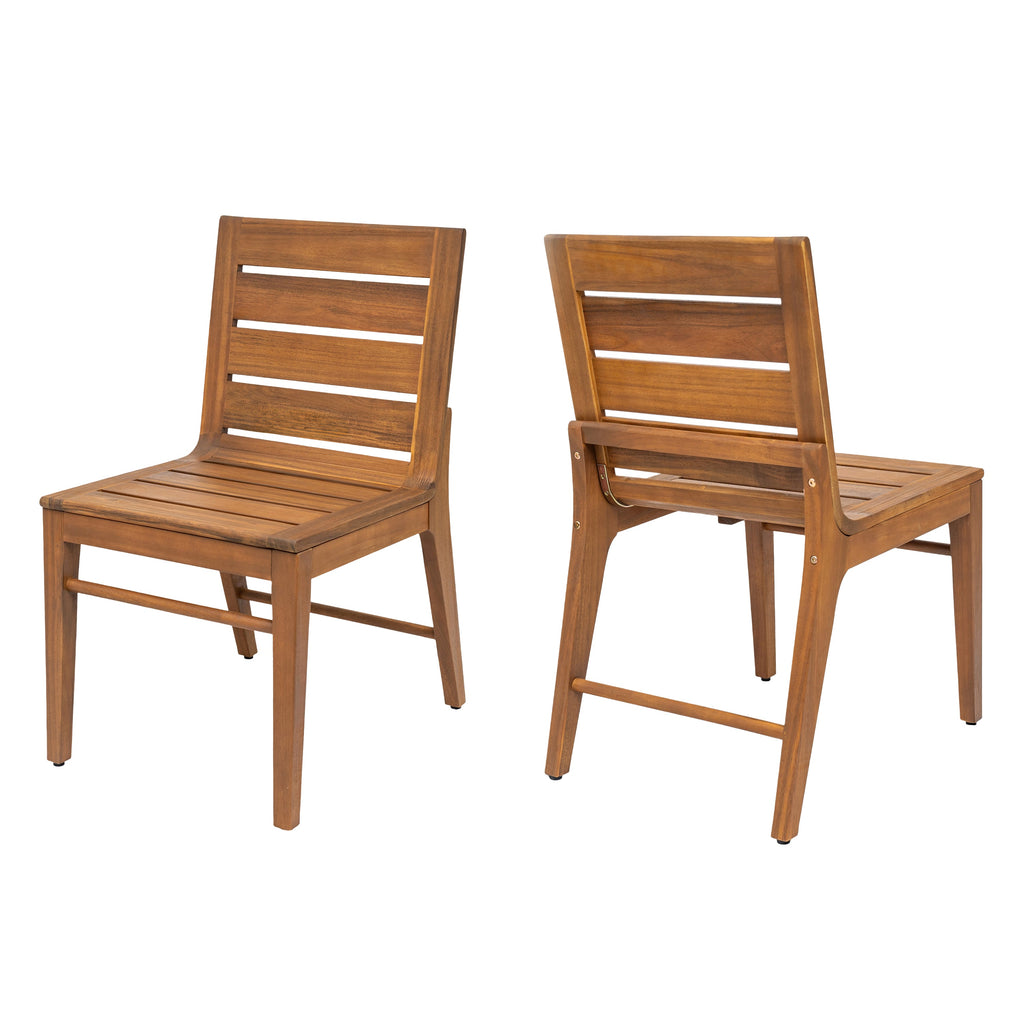 7 Piece Outdoor Acacia Wood Dining Set, 71" Teak Finish Rectangular Table with 6 Slatted Back Chairs