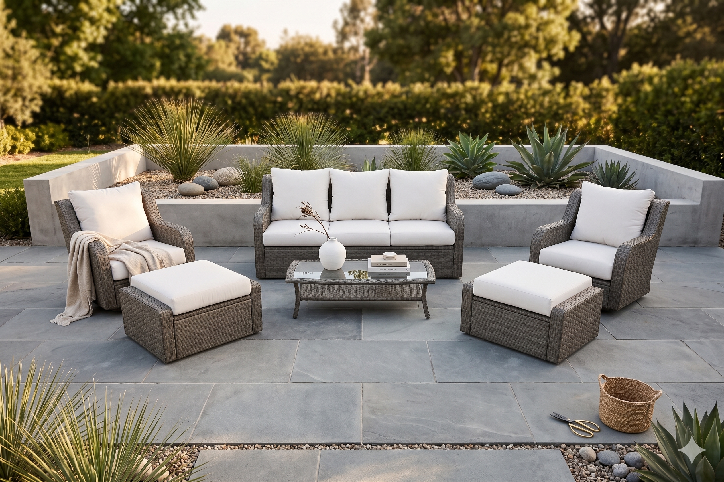Luxury Rattan Patio Conversation Set – Includes 2 Swivel Chairs, Sofa, Coffee Table, And 2 Ottomans With Premium