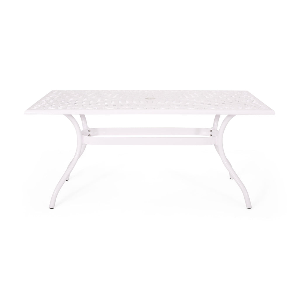 Celestine Outdoor Cast Aluminum Dining Table with Floral Lattice Design and Umbrella Holder