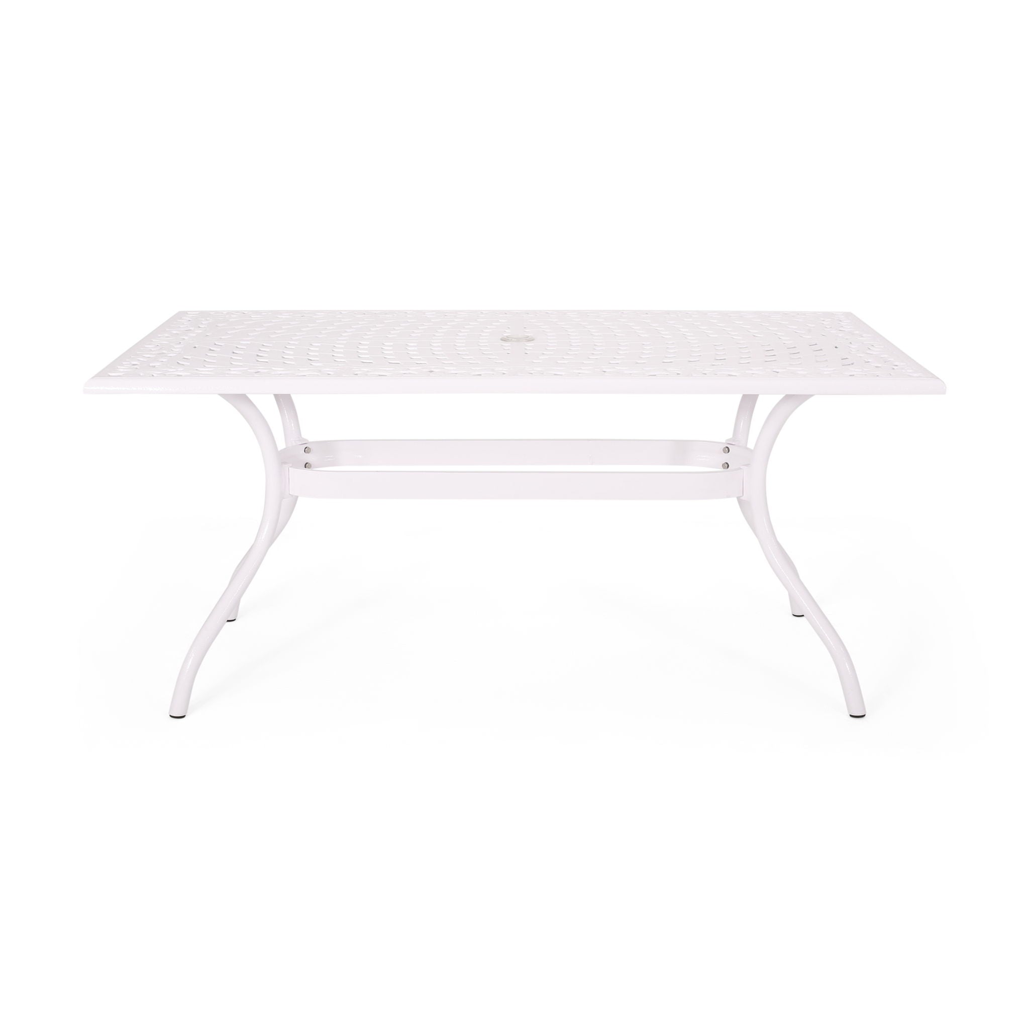 Celestine Outdoor Cast Aluminum Dining Table with Floral Lattice Design and Umbrella Holder