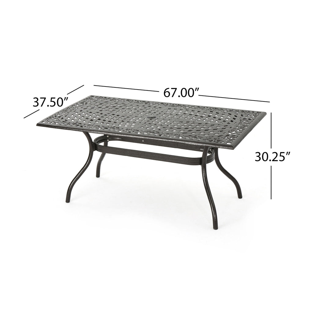 Celestine Outdoor Cast Aluminum Dining Table with Floral Lattice Design and Umbrella Holder