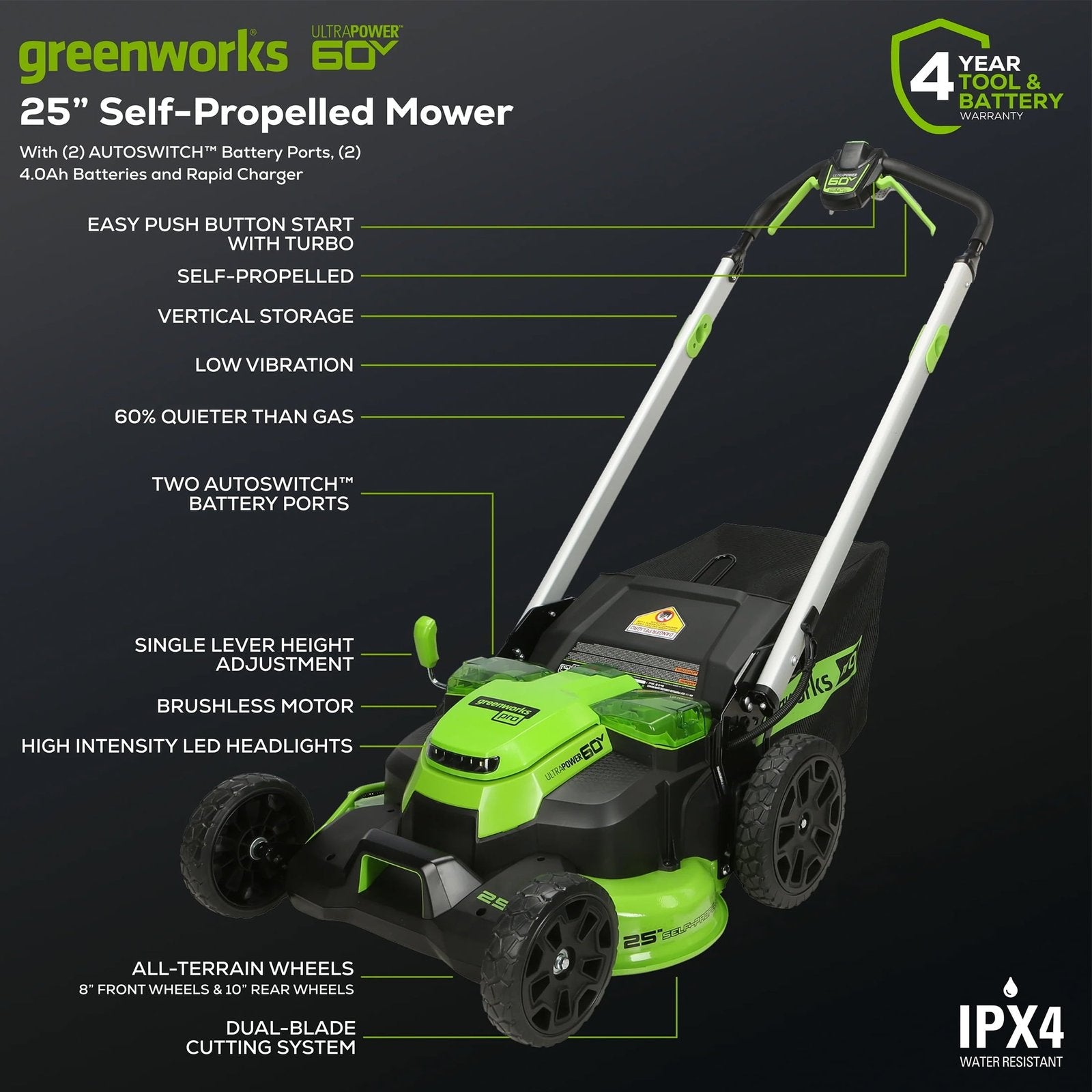 Greenworks 60V 25″ Cordless Brushless Self-Propelled Mower + Two (2) 4.0Ah Batteries & Dual Port Charger