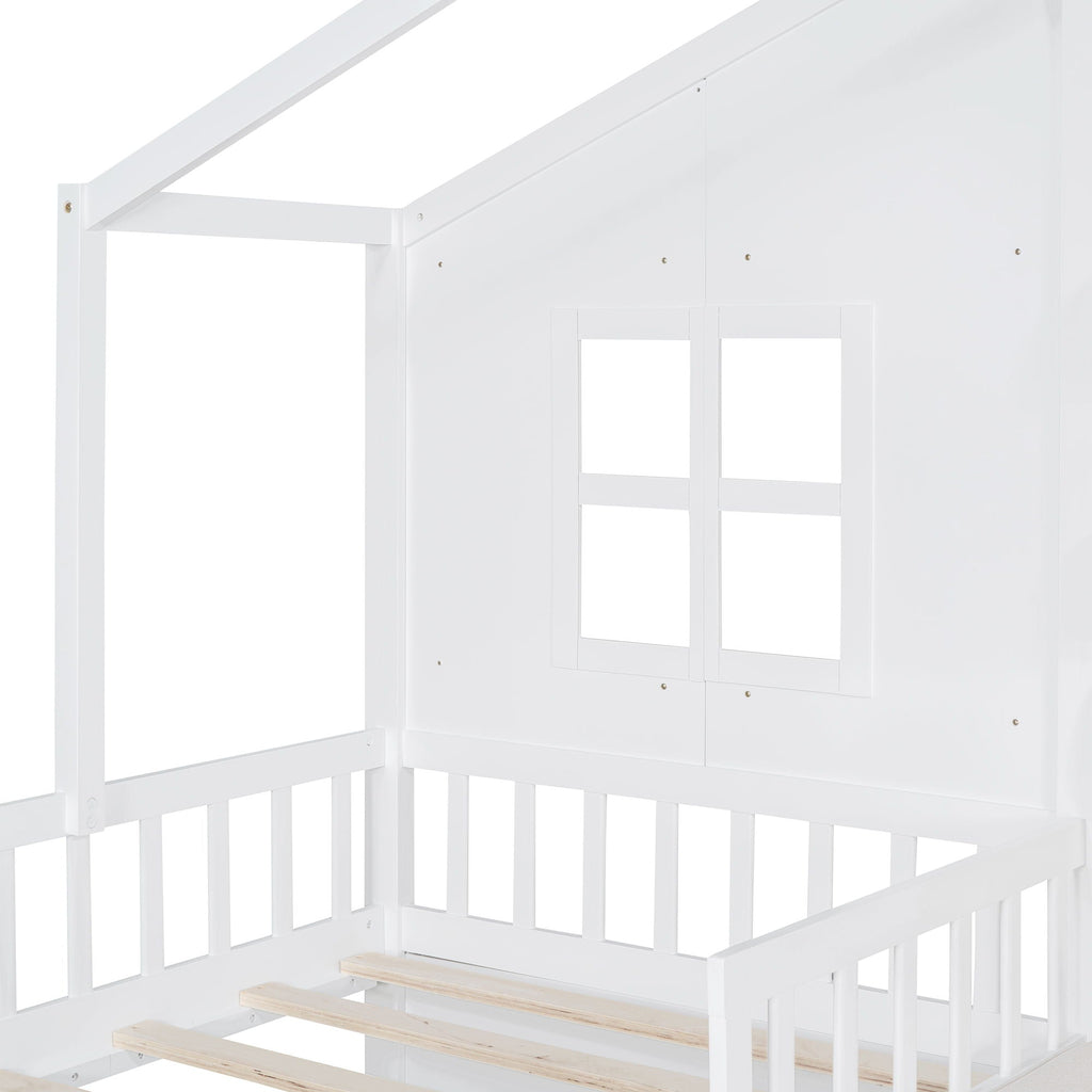 House Bed With Sofa, Kids Platform Bed With 2 Drawers And Storage Shelf