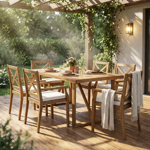 7 Pieces Acacia Wood Outdoor Dining Set with Cream Cushions