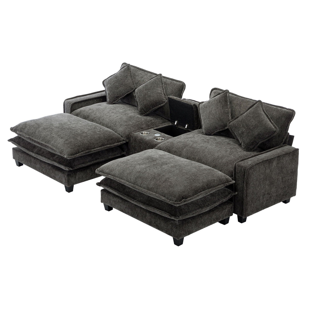 Modern Sectional Sofa With Removable Ottomans, USB Ports