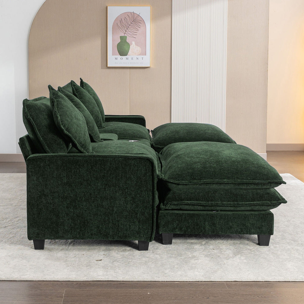Sectional Sofa Upholstered Sofa With Two Removable Ottoman, Two USB Ports, Two Cup Holders And Large Storage Box For Living Room