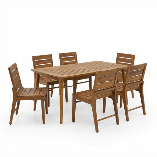 7 Piece Outdoor Acacia Wood Dining Set, 71" Teak Finish Rectangular Table with 6 Slatted Back Chairs