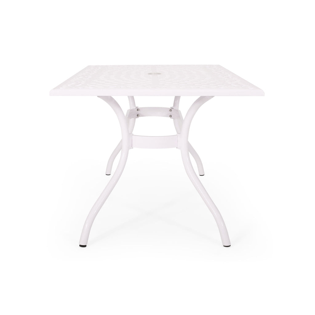 Celestine Outdoor Cast Aluminum Dining Table with Floral Lattice Design and Umbrella Holder