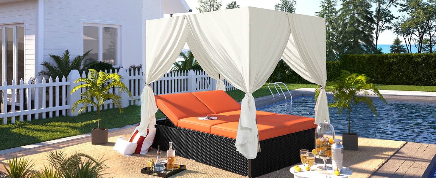 U_STYLE Outdoor Double Chaise Lounge Daybed with Curtains