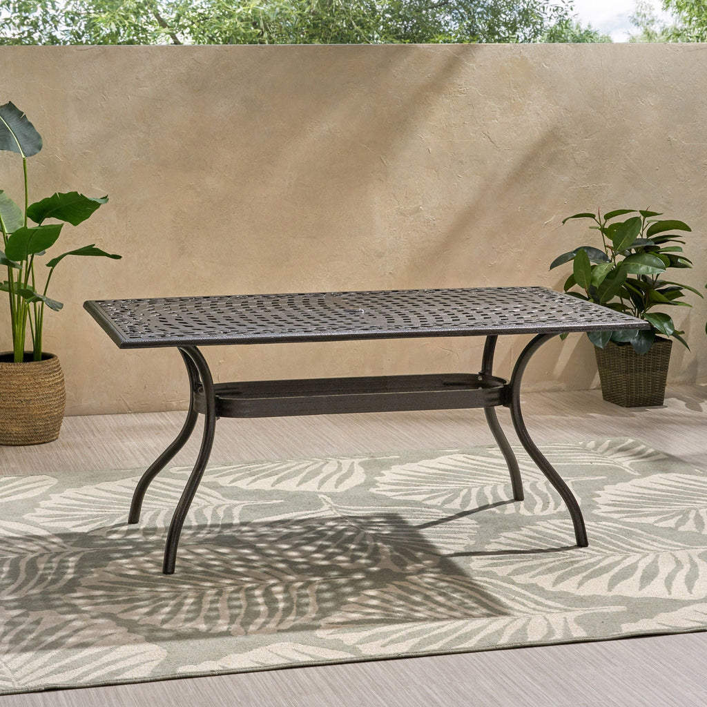 Celestine Outdoor Cast Aluminum Dining Table with Floral Lattice Design and Umbrella Holder