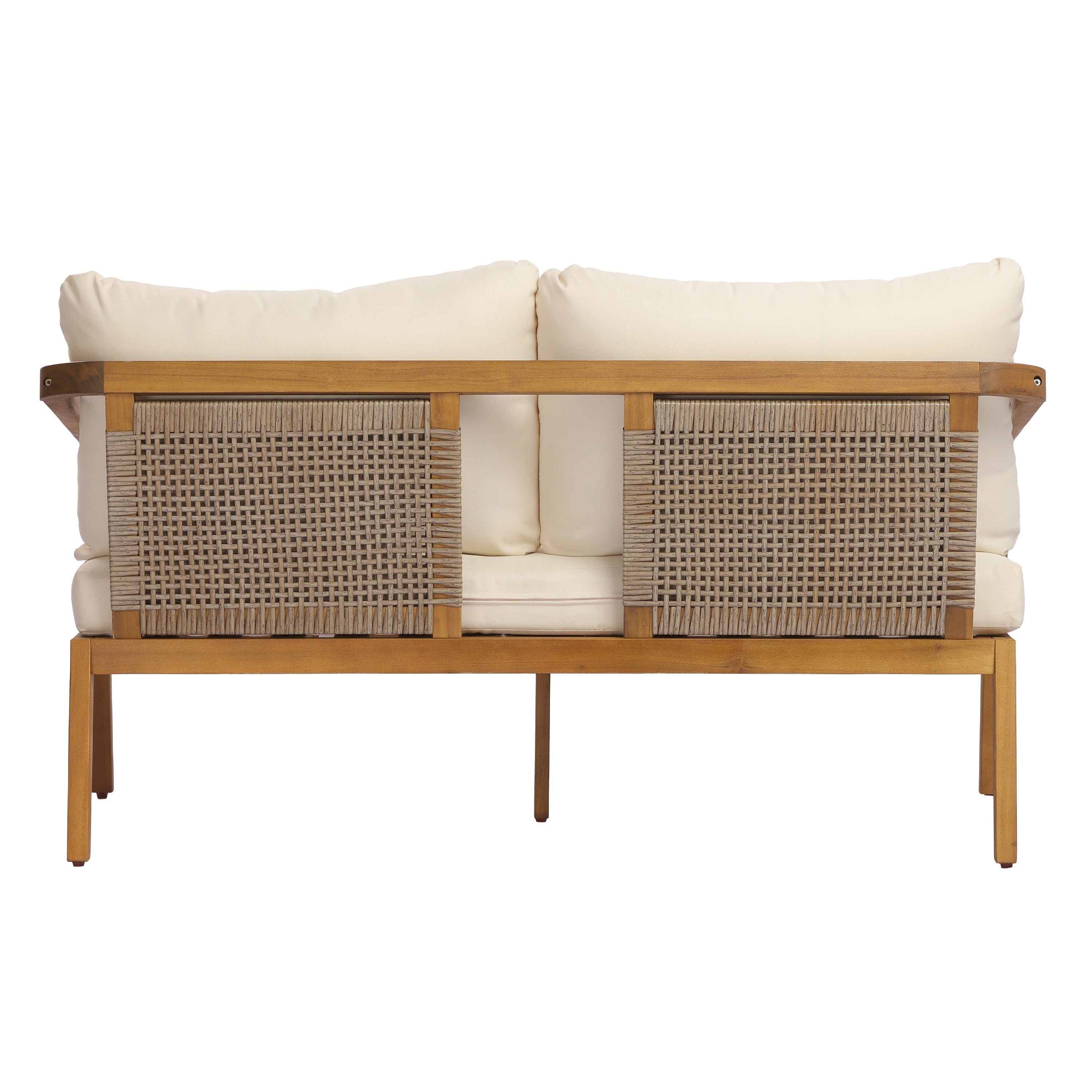 2-Piece Outdoor Loveseat & Coffee Table Set Acacia Wood Frame with PE Wicker Back & Water-Resistant Cushions