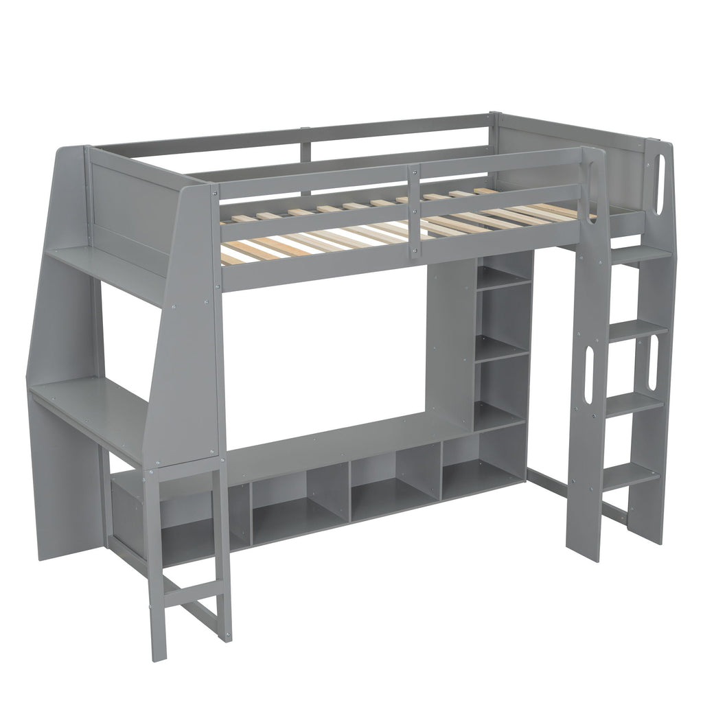 Gaming Loft Bed With Desk, Multi Storage Shelves, LED Lighting, And Hanging Clothes Rack