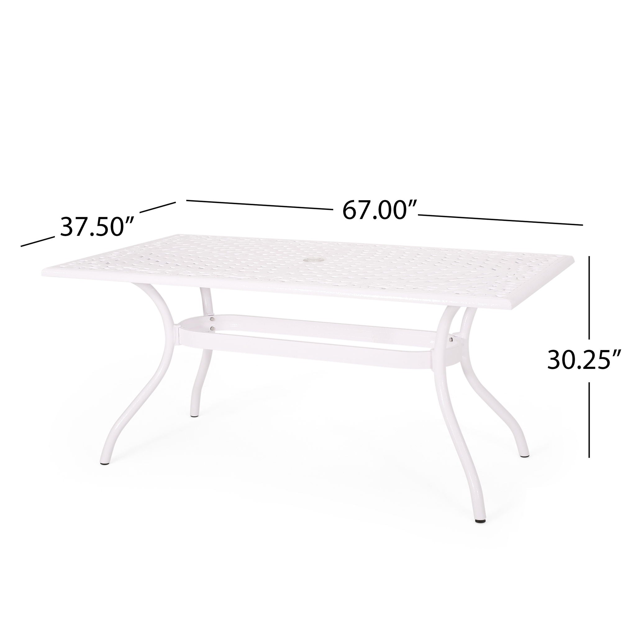 Celestine Outdoor Cast Aluminum Dining Table with Floral Lattice Design and Umbrella Holder