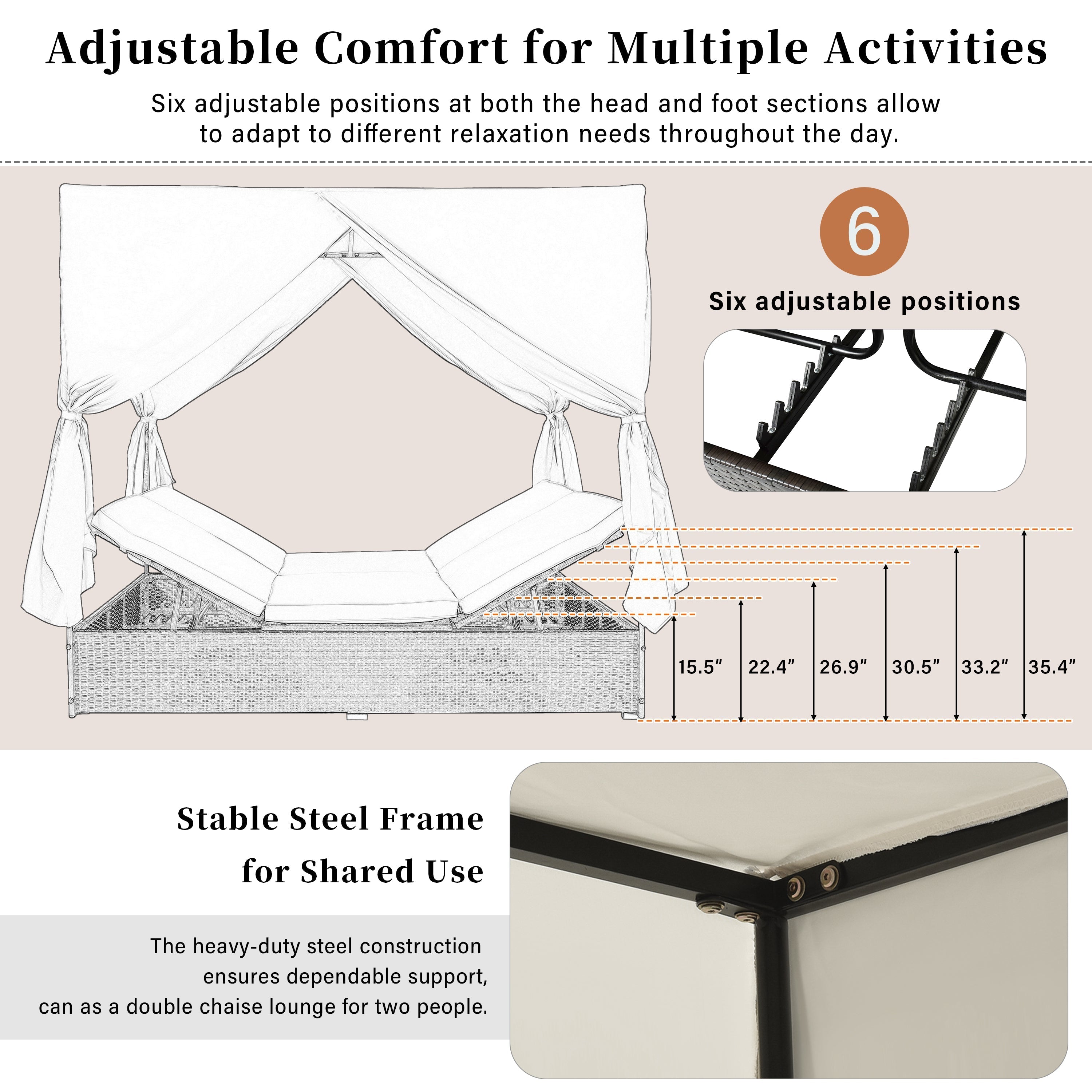 U_STYLE Outdoor Double Chaise Lounge Daybed with Curtains