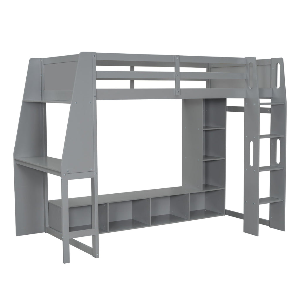 Gaming Loft Bed With Desk, Multi Storage Shelves, LED Lighting, And Hanging Clothes Rack