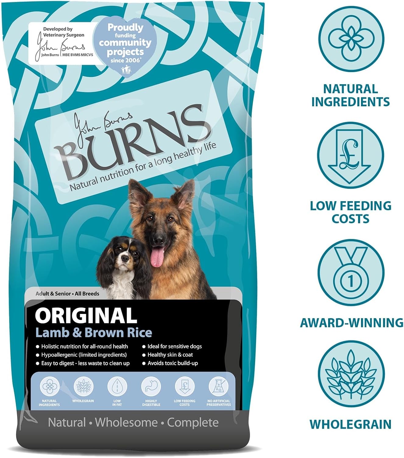 Burns Pet Nutrition Hypoallergenic Complete Dry Dog Food Adult and Senior Dog Original Lamb and Brown Rice 12 kg