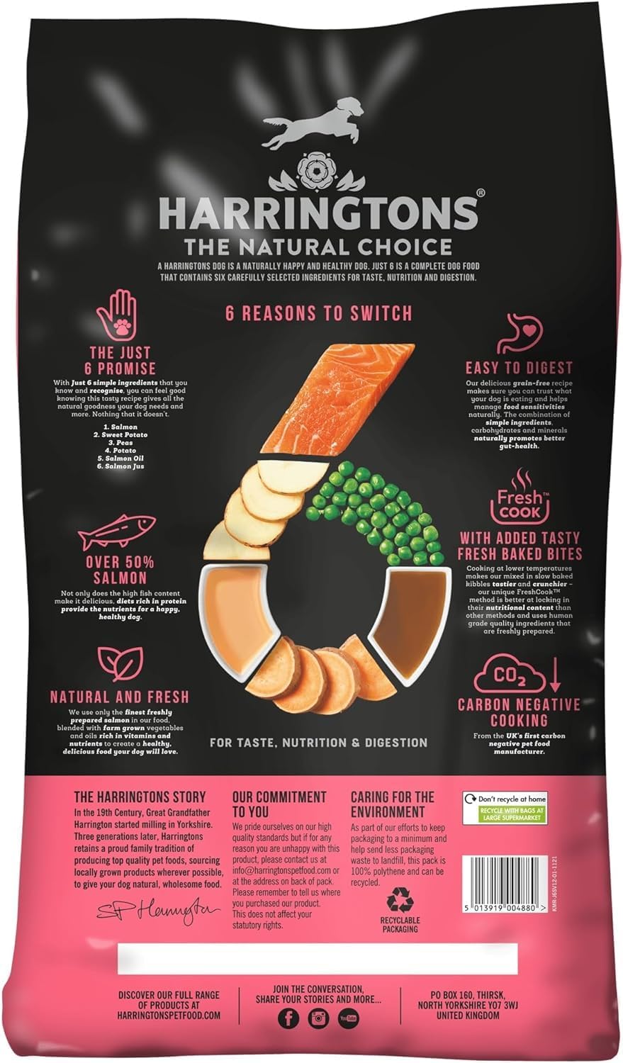 Harringtons Just 6 Complete Grain Free Dry Adult Dog Food Salmon 12kg - With Added Fresh Baked Bites