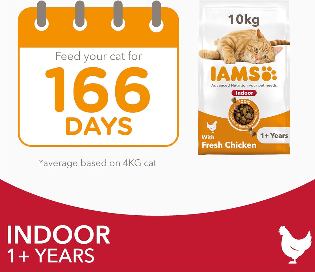 IAMS Indoor Complete Dry Cat Food Chicken 10kg - Litter Odour Control, Hairballs & Weight Management