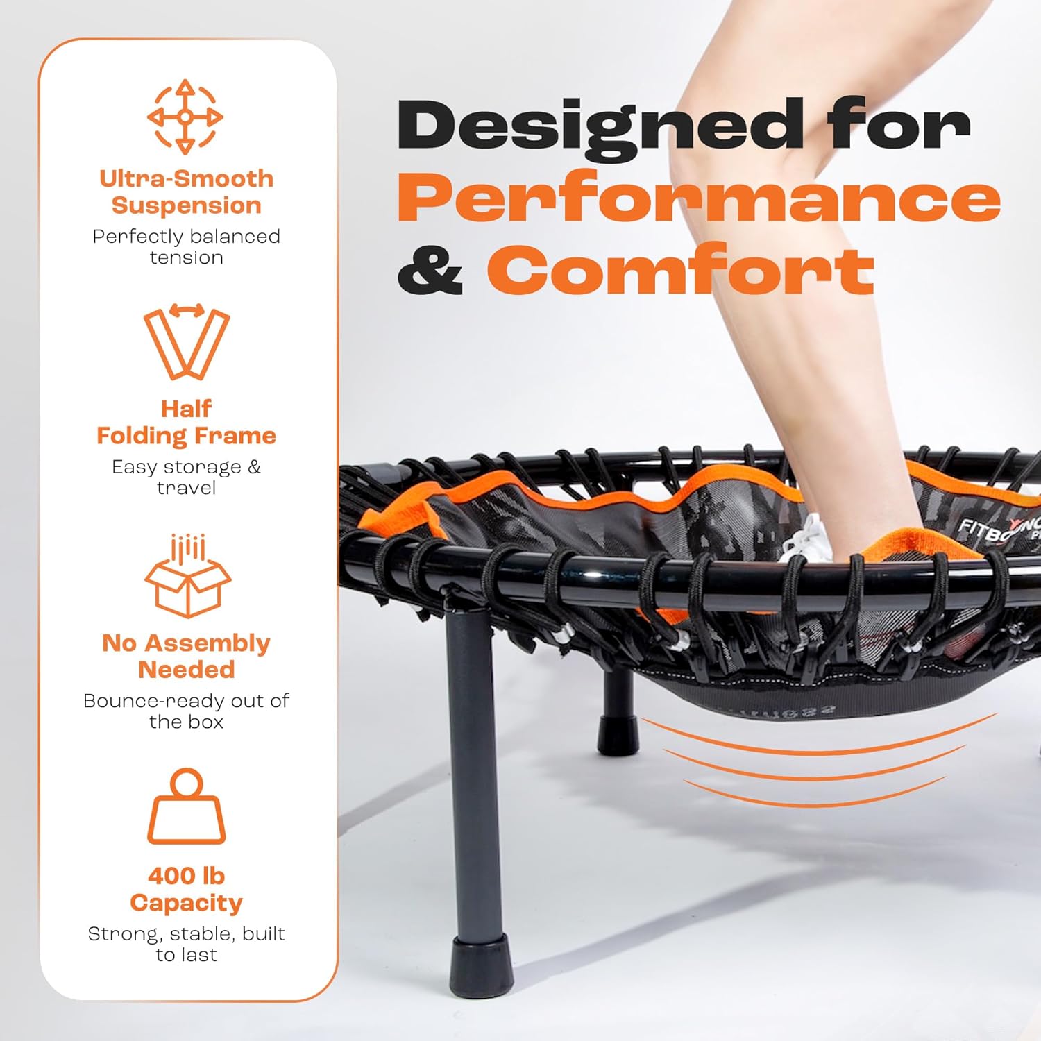 MXL FIT Bounce PRO Mini Trampoline, 40″, Indoor Bungee Rebounder, Silent Low-Impact, Foldable