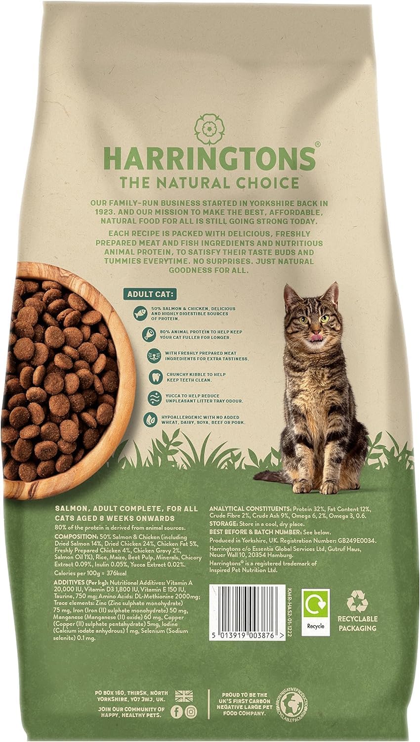 Harringtons Complete Dry Adult Cat Food Salmon 2kg (Pack of 4) - Tasty Natural Goodness
