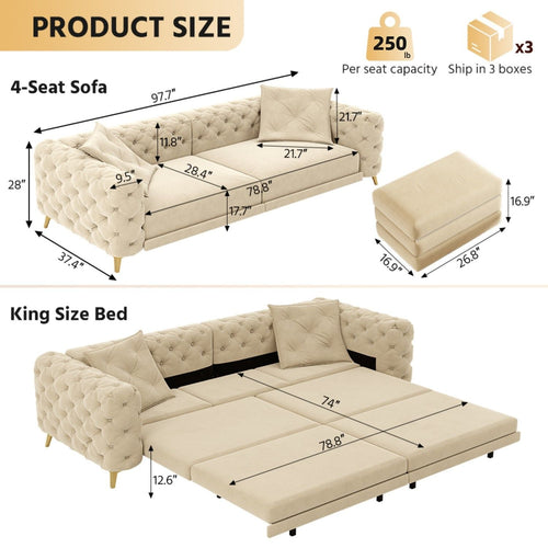 3 In 1 Convertible Sleeper Sofa, Pull Out Bed, Button Tufted, 4 Seater Couch With Movable Ottoman For Apartment - Apricot