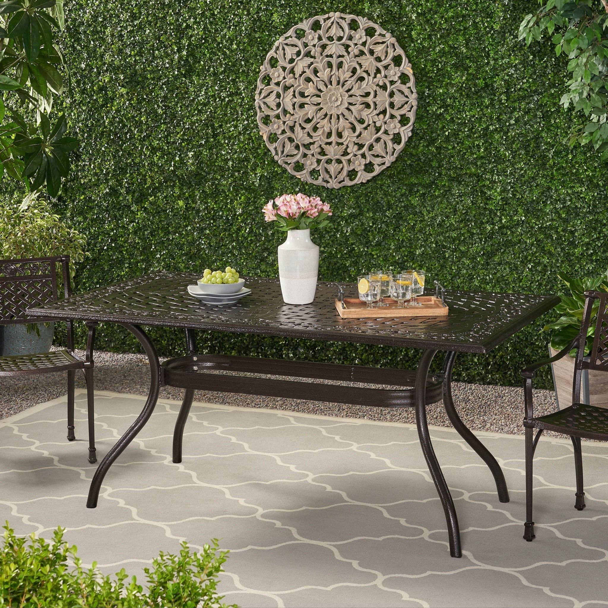 Celestine Outdoor Cast Aluminum Dining Table with Floral Lattice Design and Umbrella Holder