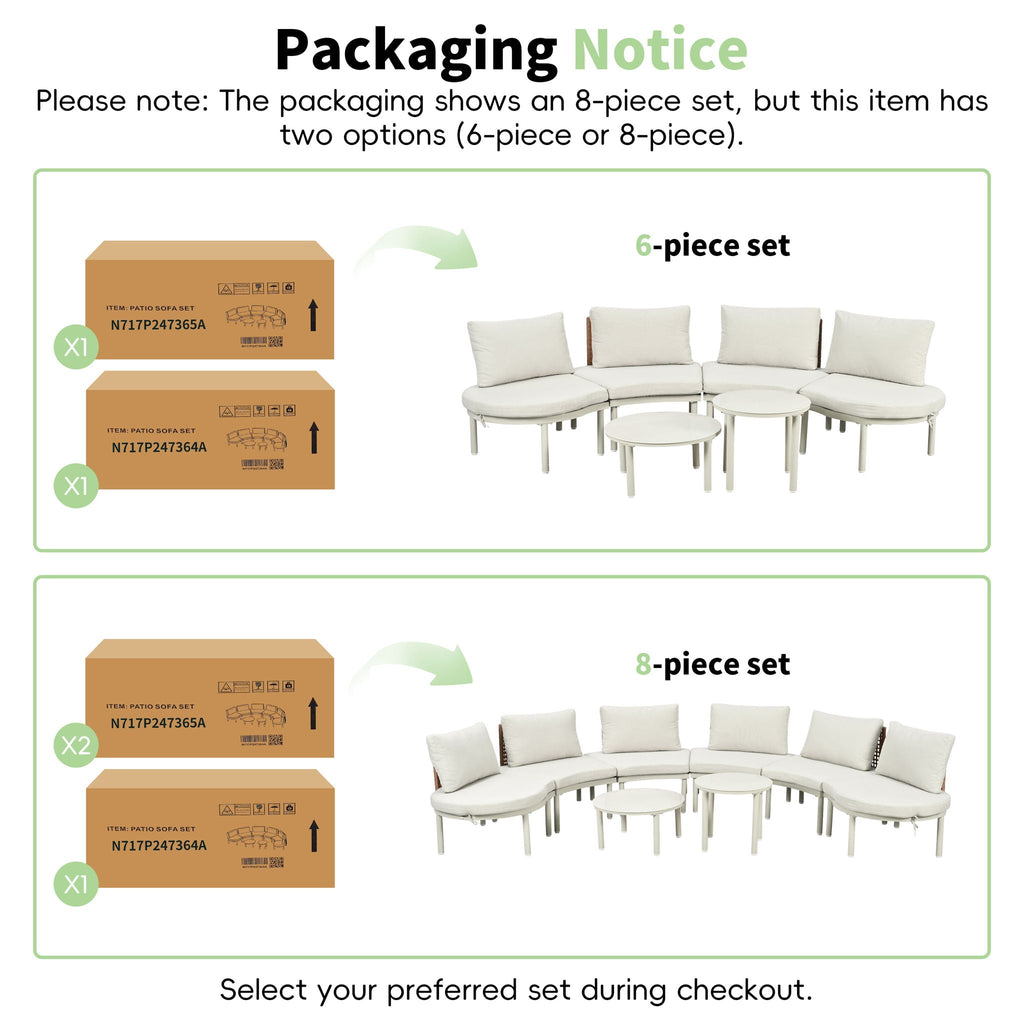 6 Piece Patio Set, Half Moon Outdoor Sectional Sofa With 2 High Low Coffee Tables, 4 Pillows & Cushions