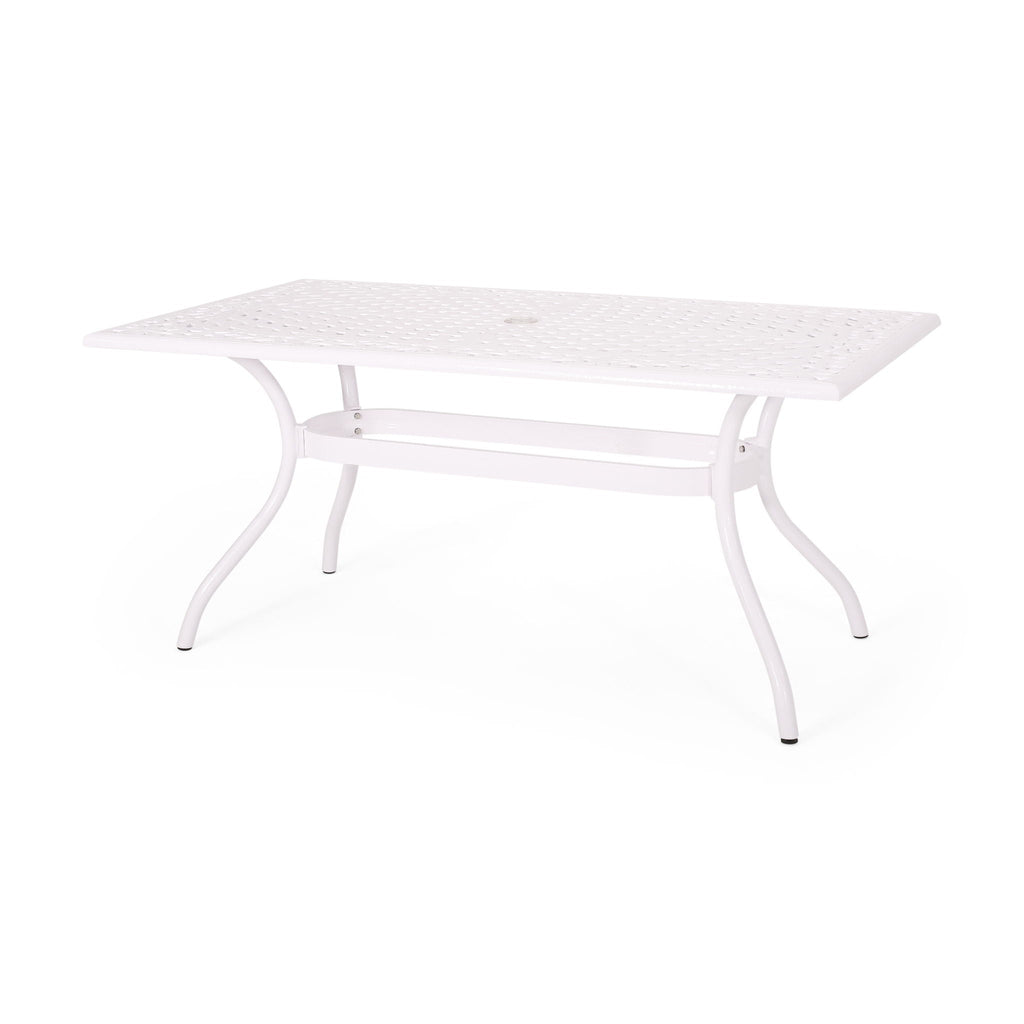 Celestine Outdoor Cast Aluminum Dining Table with Floral Lattice Design and Umbrella Holder