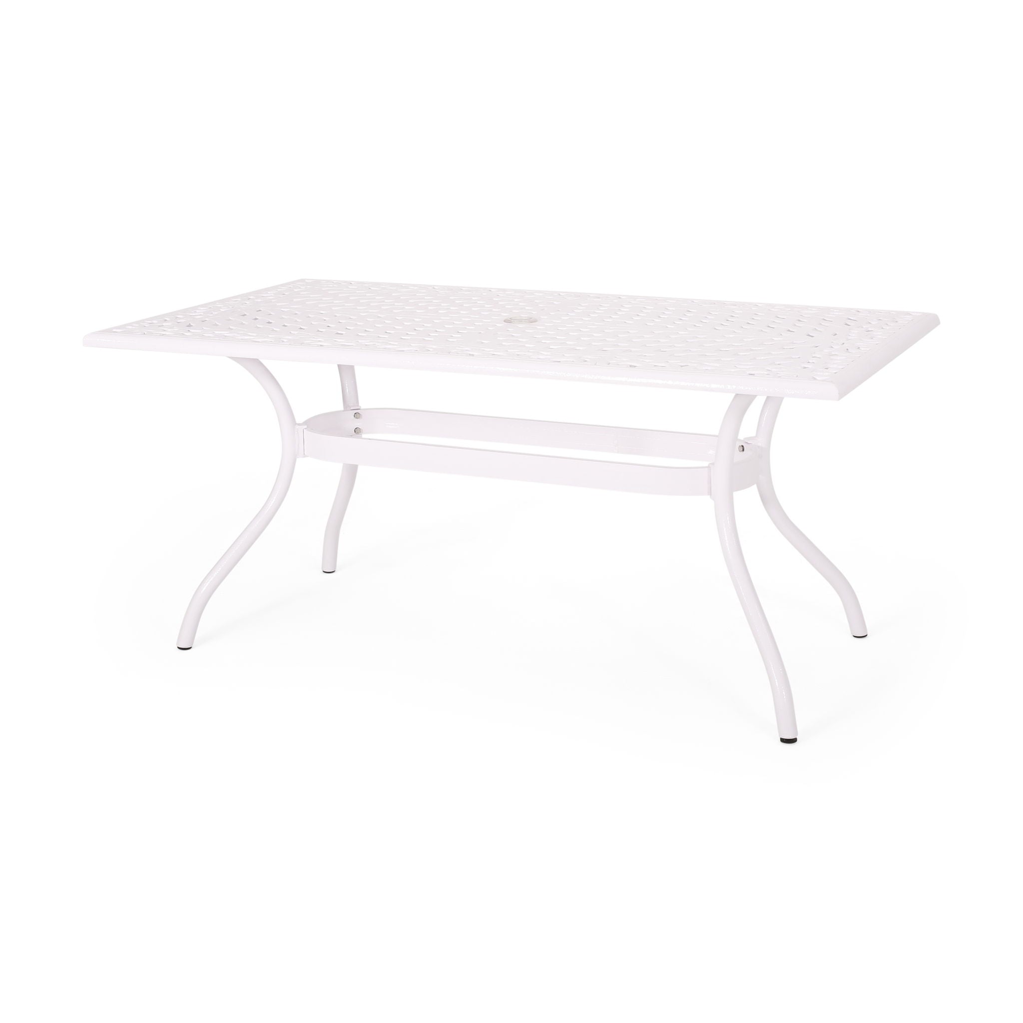 Celestine Outdoor Cast Aluminum Dining Table with Floral Lattice Design and Umbrella Holder