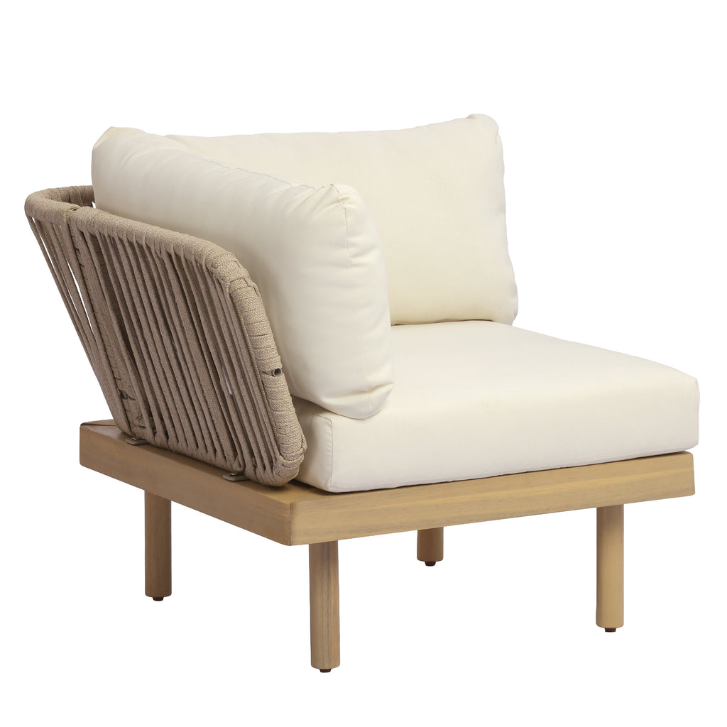 6-Piece Acacia Wood L-Shaped Modular Outdoor Sofa Set with Rope Back & Weather-Resistant Cushions