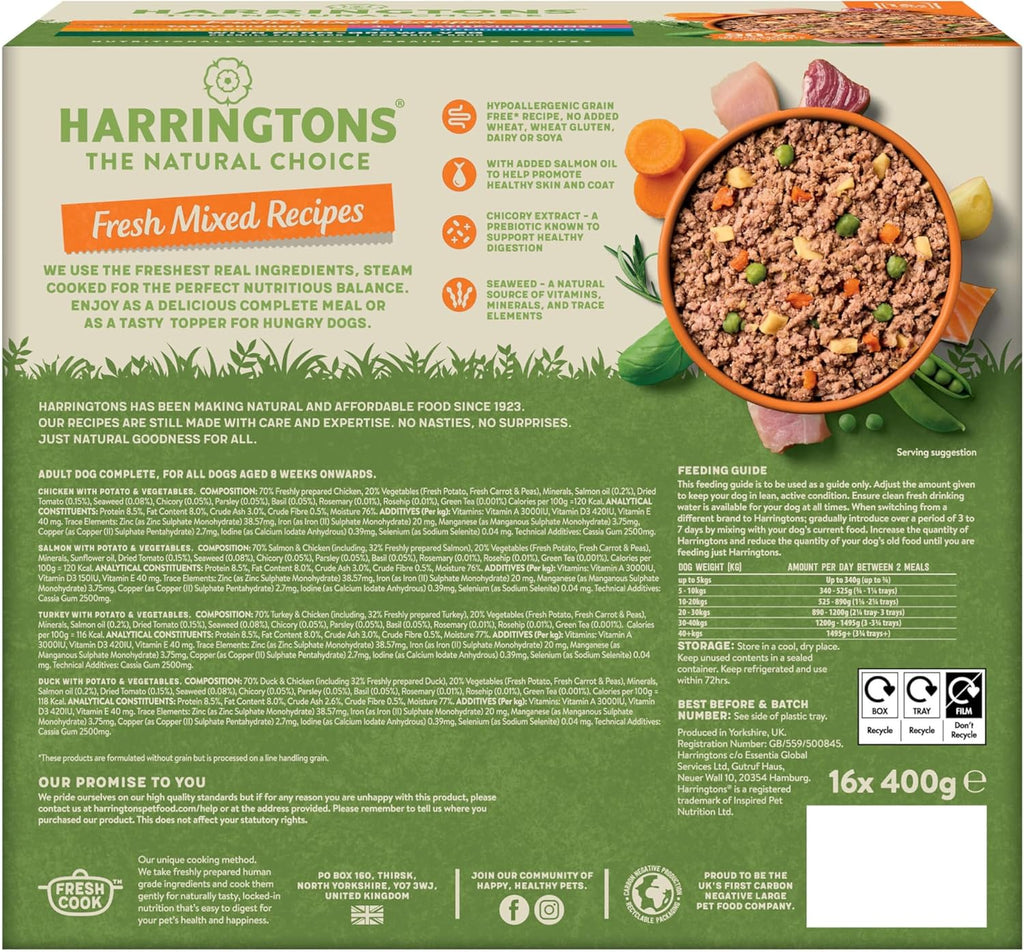 Harringtons Complete Wet Tray Grain Free Hypoallergenic Adult Dog Food Mixed Bumper Pack 16x400g