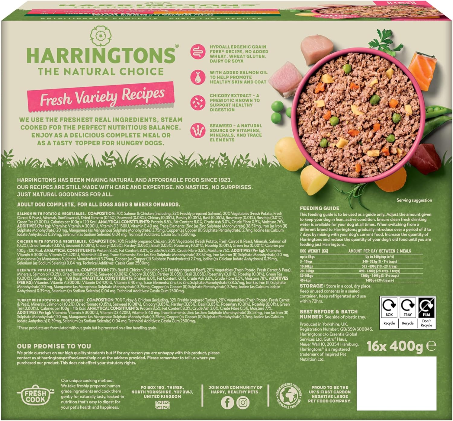 Harringtons Complete Wet Tray Grain Free Hypoallergenic Adult Dog Food Variety Bumper Pack 16x400g