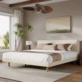 Beige Chunky Headboard Bed Frame with Solid Rubberwood Legs, Cal-King