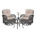 3 Pieces Conversation Set, Outdoor Wicker Rocker Swivel Patio Bistro Set, Rocking Chair with Glass Top Side Table, Grey