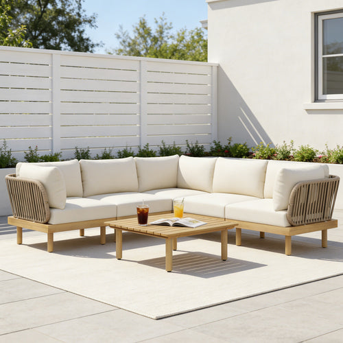 6-Piece Acacia Wood L-Shaped Modular Outdoor Sofa Set with Rope Back & Weather-Resistant Cushions