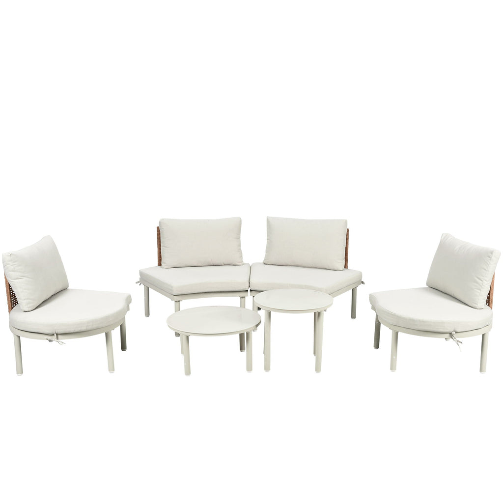 6 Piece Patio Set, Half Moon Outdoor Sectional Sofa With 2 High Low Coffee Tables, 4 Pillows & Cushions