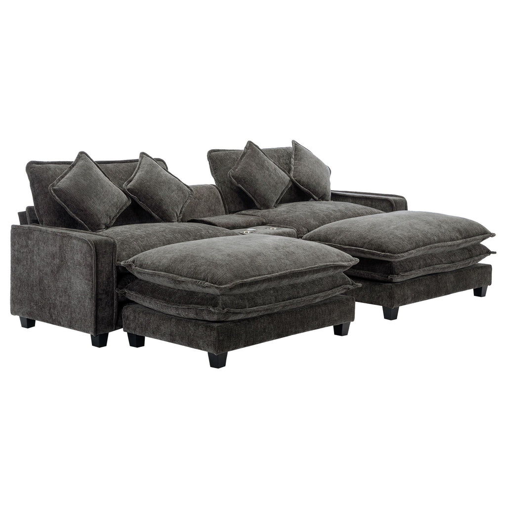 Modern Sectional Sofa With Removable Ottomans, USB Ports