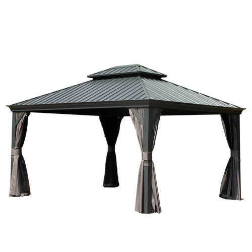 10' x 12' Hardtop Gazebo Outdoor Metal Gazebo with Galvanized Steel Double Roof Canopy, Aluminum Frame, Curtains and