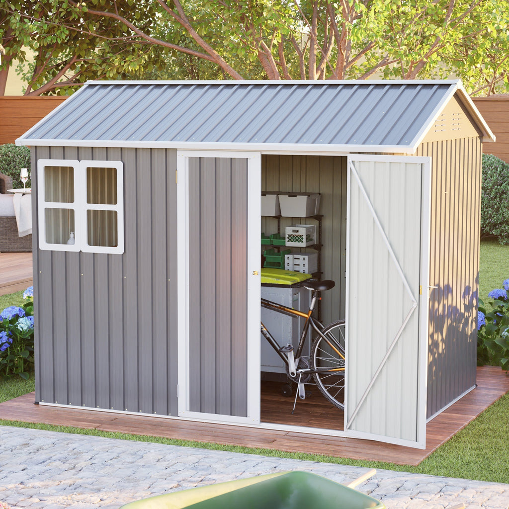 8'x6' Large Steel Storage Shed with Window, Lockable Doors & Sloped Roof