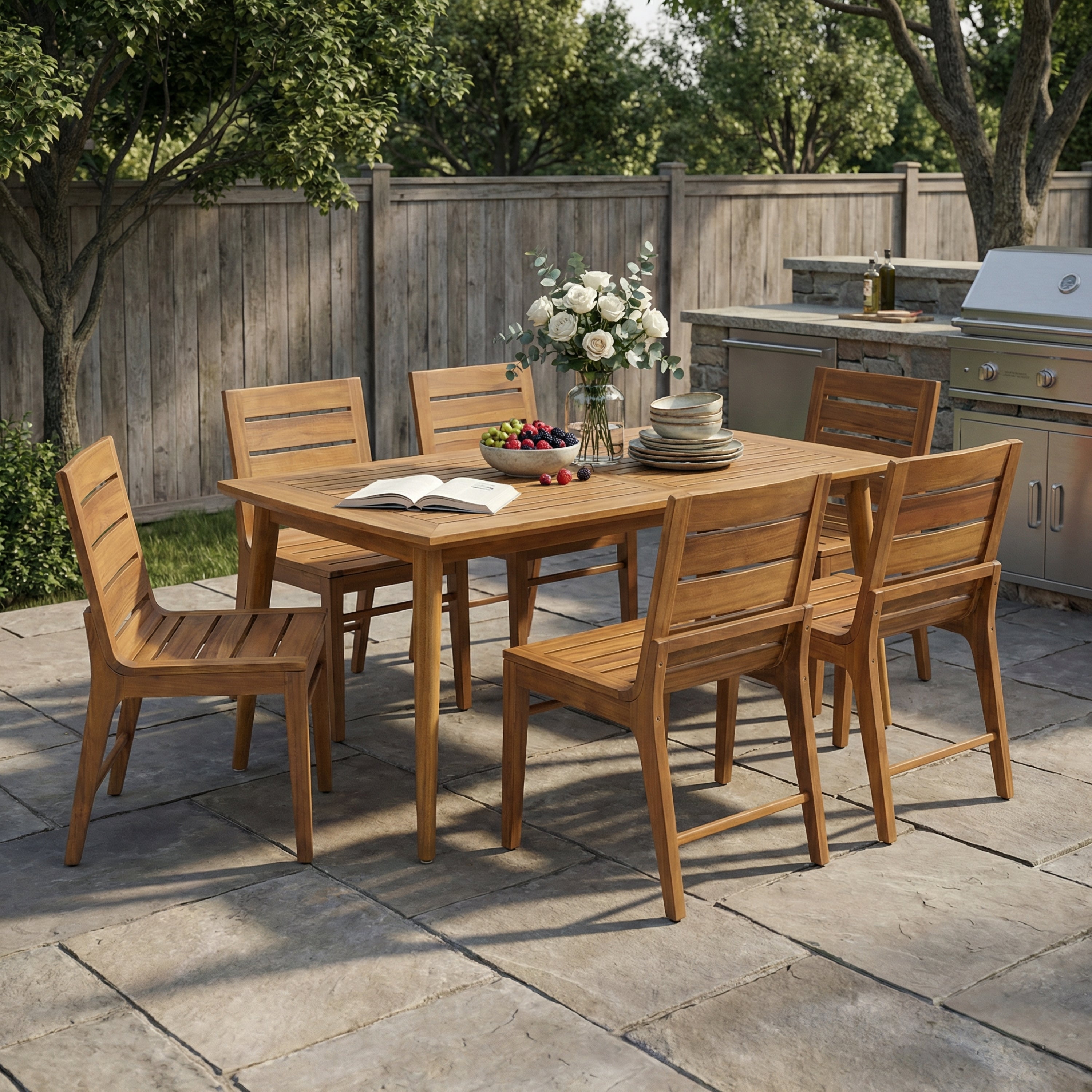 7 Piece Outdoor Acacia Wood Dining Set, 71" Teak Finish Rectangular Table with 6 Slatted Back Chairs