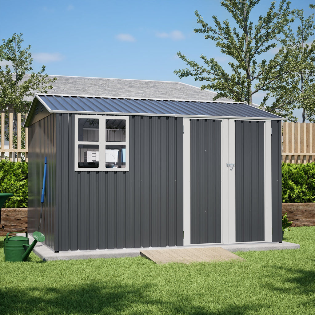 10X8FT Outdoor Steel Storage Shed with Clear Window, Lockable Doors